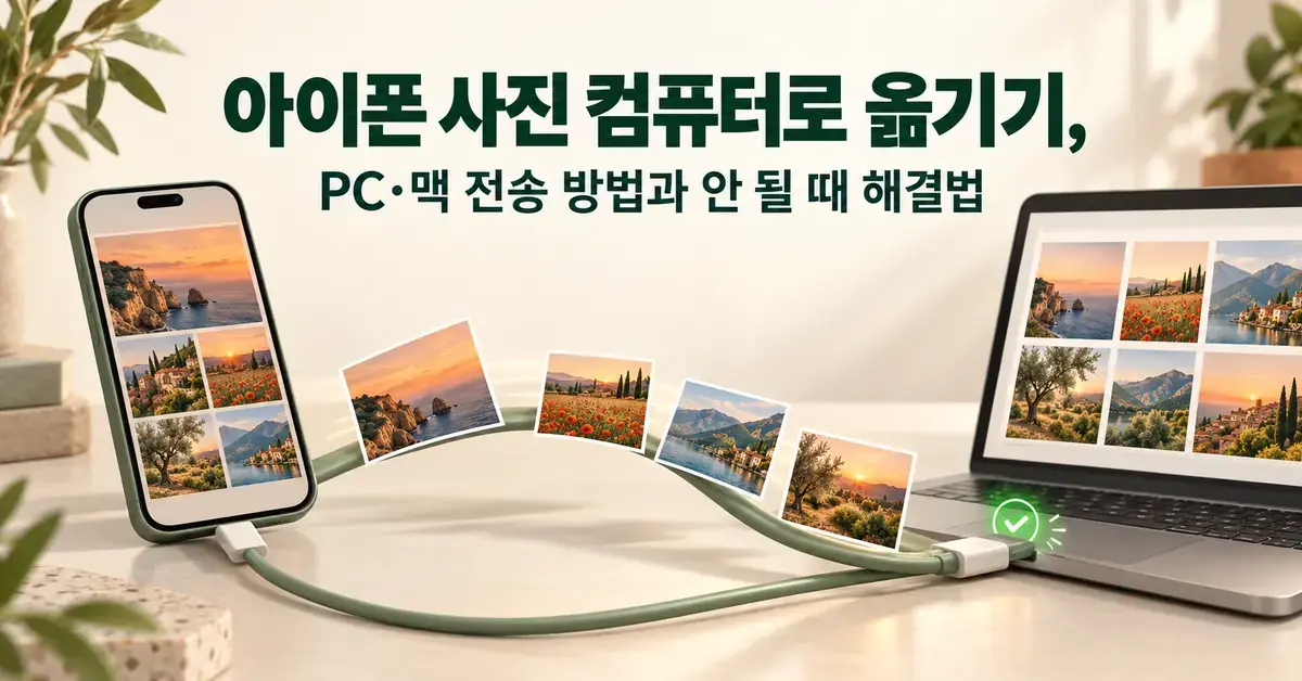 아이폰과 노트북을 연결한 케이블을 따라 사진이 이동하는 모습으로 아이폰 사진의 컴퓨터 전송 방법과 연결 문제 해결을 표현한 이미지.